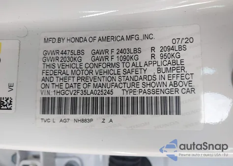 2020 Honda Accord Sport 2.0T z USA, uszkodzony, nr VIN 1HGCV2F35LA025245